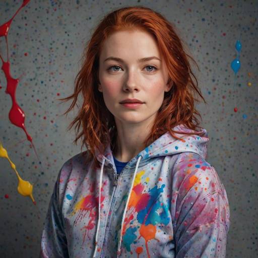 Photograph of a fair-skinned, red-haired woman with blue eyes wearing a blue hoodie with vibrant pink, yellow, and purple paint splatters.