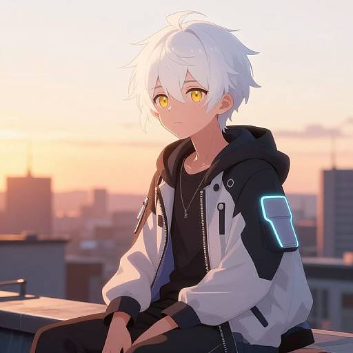Anime-style digital drawing of a young boy with white hair and yellow eyes, wearing a black hoodie and white jacket, sitting on a rooftop at sunset.