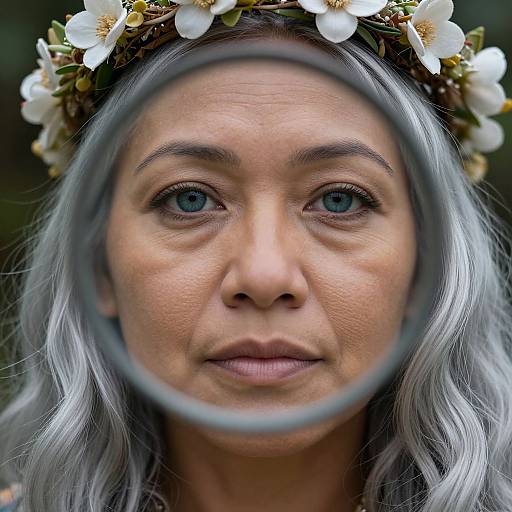 Close-up photograph of an older woman with silver hair, blue eyes, and a flower crown, viewed through a circular magnifying glass.