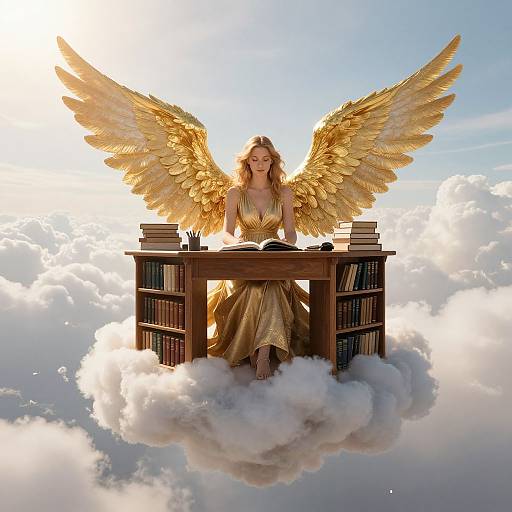 Golden-winged angel with blonde hair sits at a wooden desk on a cloud, surrounded by books, against a bright sky. Photorealistic digital art