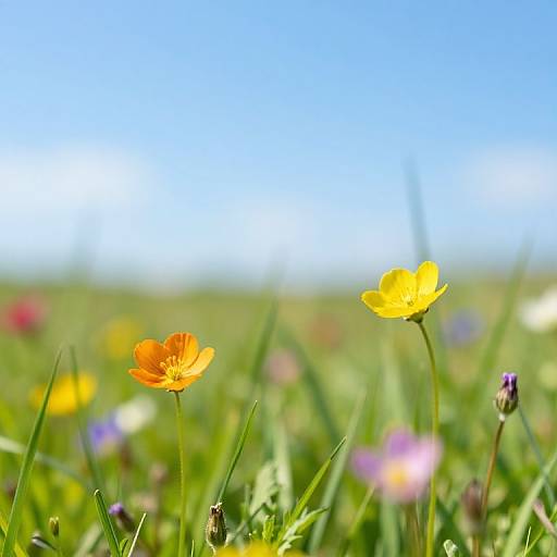 Photograph of vibrant yellow and orange poppies in a lush, green meadow under a clear, bright blue sky. Blurred background includes scattered purple