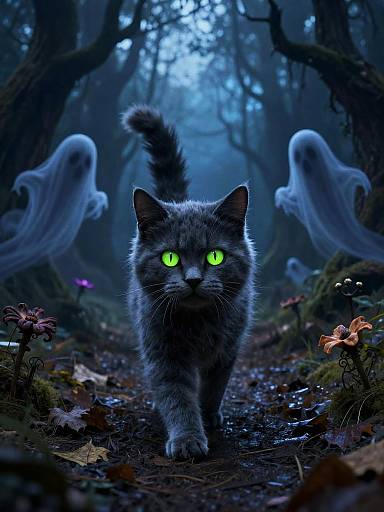 Mystical forest scene: Gray tabby cat with glowing green eyes walks forward, flanked by two ghostly spirits, surrounded by dark trees and