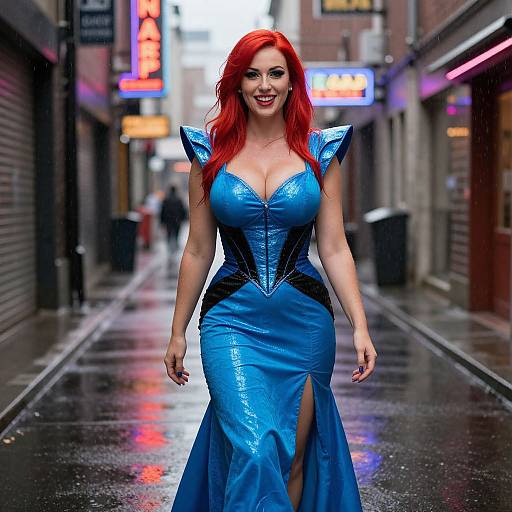 Photograph-style digital art of a red-haired woman with fair skin, wearing a shiny blue, low-cut, form-fitting gown with angular shoulders,