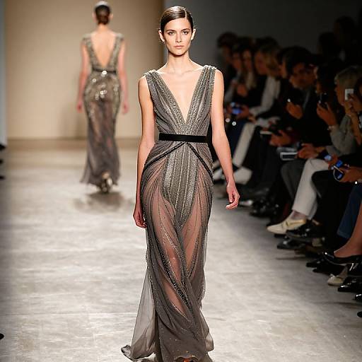 Photograph of a runway show featuring a slender model with dark hair in a deep V-neck, sheer, black gown with sparkling details, walking towards another