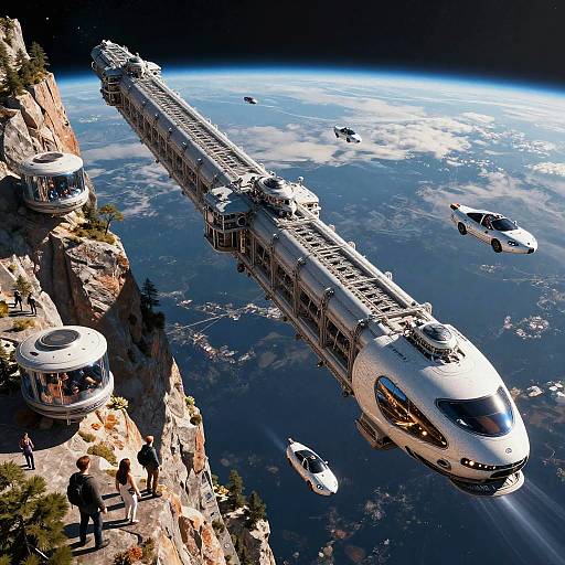 Futuristic Space Elevator and Mountain Habitats