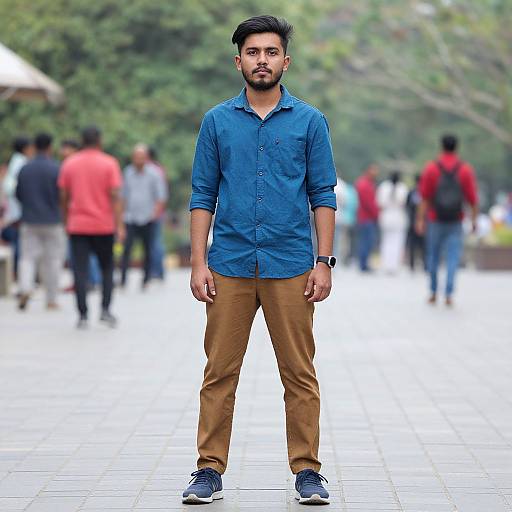 Photograph of a young man with short black hair, beard, wearing a blue button-up shirt, brown pants, and blue sneakers, standing confidently in