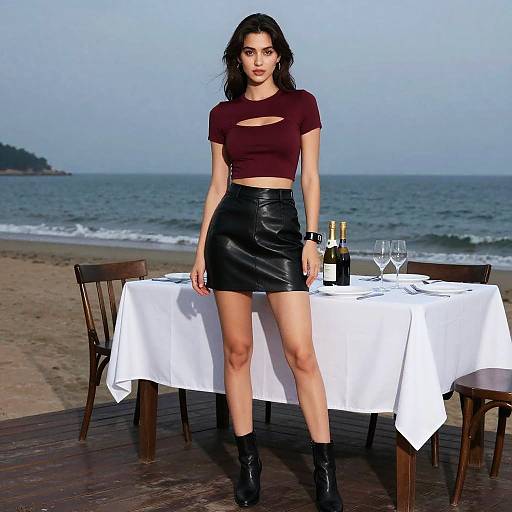 Stylish Woman at Dusk Beach Dinner