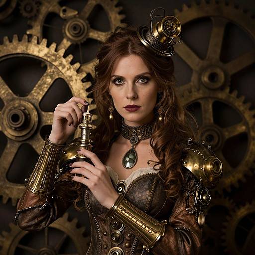 Steampunk portrait of a fair-skinned woman with long brown hair, wearing a brass crown, corset, and gears, holding a brass cylinder