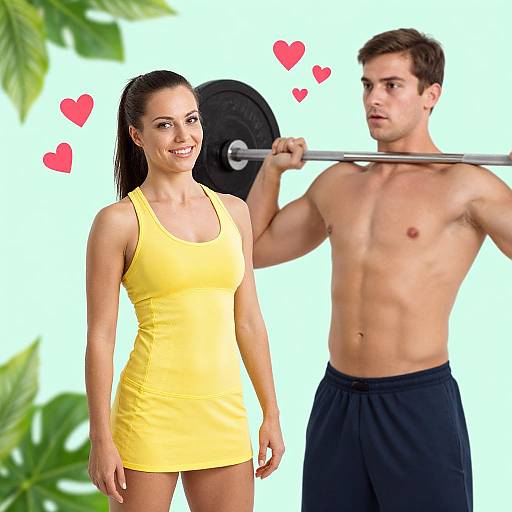 Photograph of a fit, smiling woman in a yellow tank top and black shorts, standing beside a shirtless, muscular man with black shorts, holding