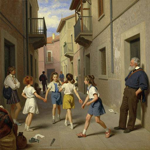 Realistic oil painting of Italian street scene: five schoolgirls in white shirts and blue skirts, holding hands, walk past elderly man leaning against building,
