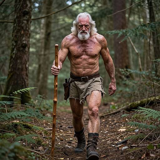 Photograph of a muscular, shirtless, elderly man with white beard, wearing tattered shorts and boots, holding a wooden staff, walking through a