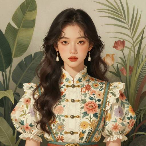 Portrait of Woman in Floral Dress with Botanical Background