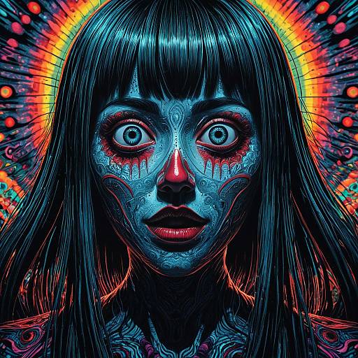 Psychedelic Hyperrealistic Portrait with Day of the Dead Face Paint