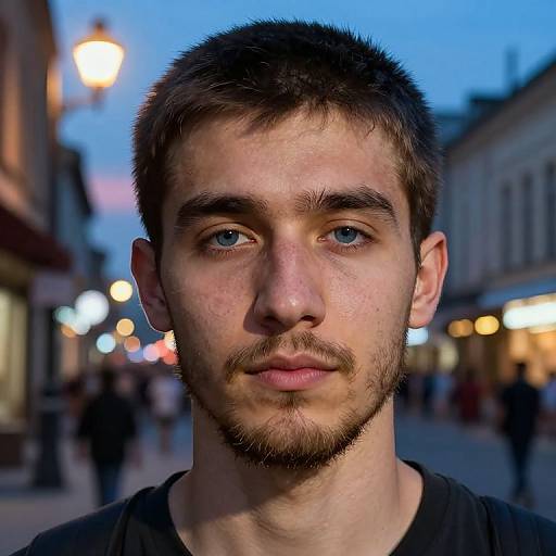 Photograph of a young Caucasian man with short brown hair, blue eyes, and a beard, standing on a dusk-lit, bustling street. Bl