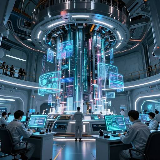Photograph of futuristic control room with blue neon holographic displays, multiple operators in white shirts, and a central, towering holographic core.