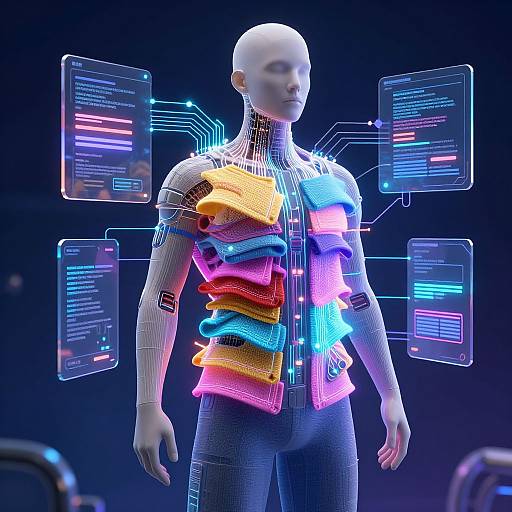 Digital CGI of a bald, humanoid figure with neon-colored, stacked circuit board segments on the chest, surrounded by floating, glowing data screens in a dark
