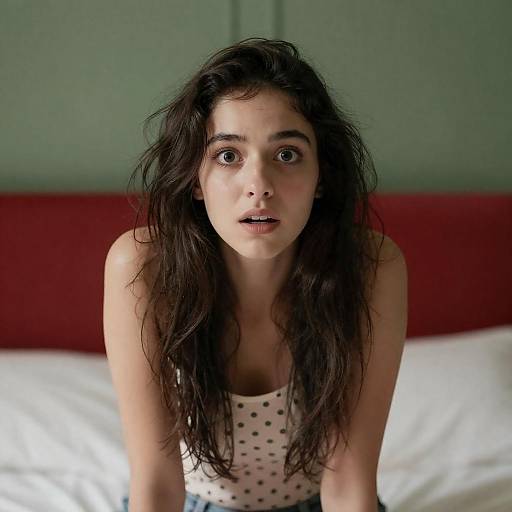 Surprised Young Woman on Bed