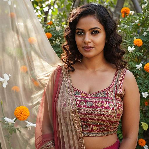 Photograph of a beautiful Indian woman with dark curly hair, wearing a red and gold embroidered blouse and saree, standing in a garden with orange mar