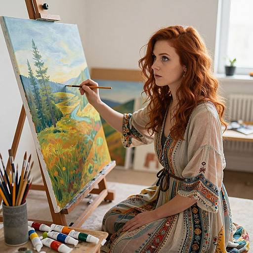 Redhead Painting Vibrant Landscape