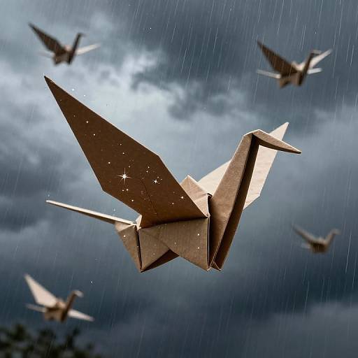 Photograph of paper cranes flying in rain, under a cloudy, moonlit sky. Cranes are detailed, with one prominently in the foreground,