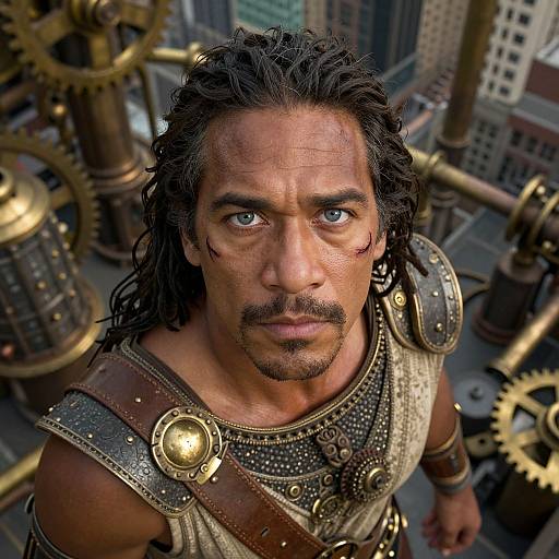 Photorealistic CGI of a rugged, blue-eyed man with long black hair, wearing steampunk armor, looking up with a serious expression, set