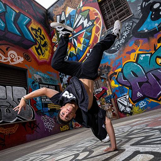 Photograph of a male skateboarder mid-flip in a vibrant, graffiti-covered urban alley, wearing black clothes and white sneakers, with colorful, abstract