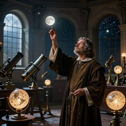 Photograph of a bearded man in medieval robes, levitating a glowing moon in a dimly lit, starry observatory filled with telescopes