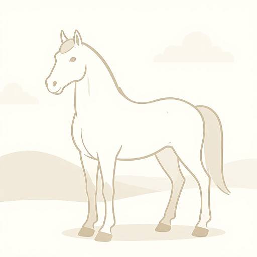 Simple digital line drawing of a standing, white horse with light beige mane and tail, minimal shading, on a plain background.