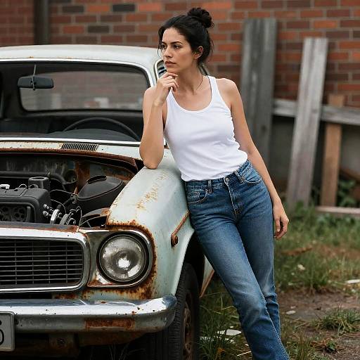 Thoughtful Woman by Abandoned Car