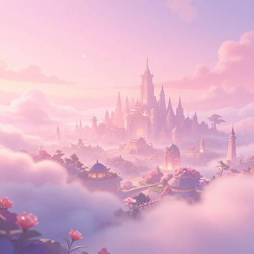 Digital fantasy artwork of a pink-tinged, ethereal castle city shrouded in misty clouds, with lush flowers and ornate buildings in