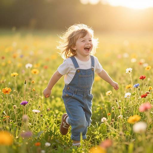 Photograph of joyful blonde toddler in blue overalls and white shirt, laughing, running through vibrant sunlit meadow with colorful wildflowers.