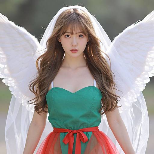 Photograph of an East Asian woman with long brown hair, green dress, red ribbon, white angel wings, and veil, standing outdoors.