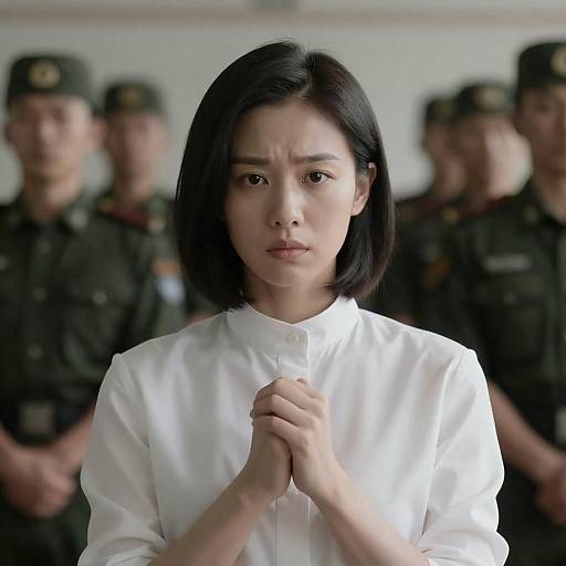 Intense Asian Woman in Dimly Lit Room