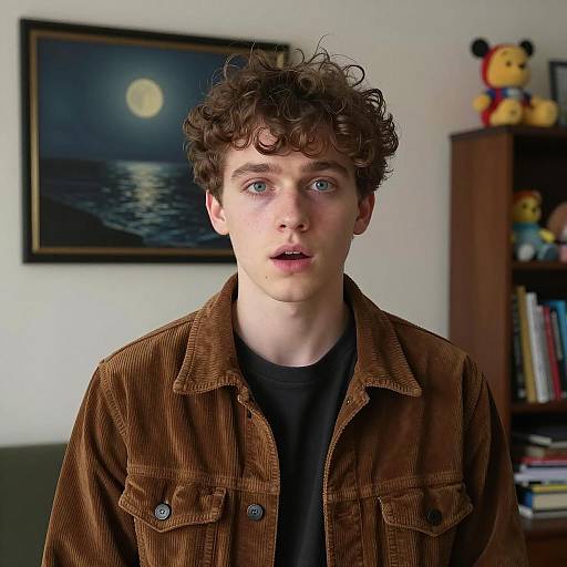 Young Man with Curly Hair in Corduroy Jacket