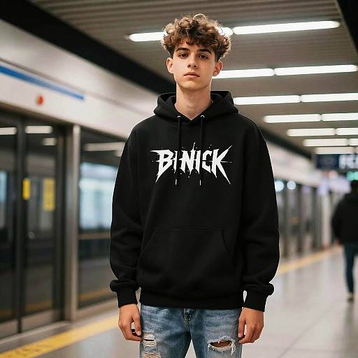Teenage Boy with Modern Mullet in Subway Station