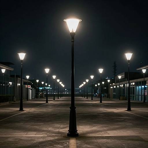 Night photograph of a deserted, illuminated street with evenly spaced, glowing street lamps stretching into the dark horizon, creating a symmetrical, serene ambiance.