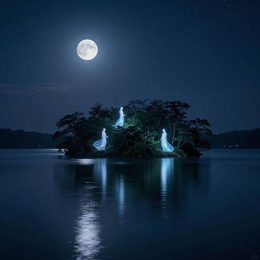 Photograph of a moonlit lake with a small island illuminated by glowing, ghost-like figures, reflecting on the calm water.