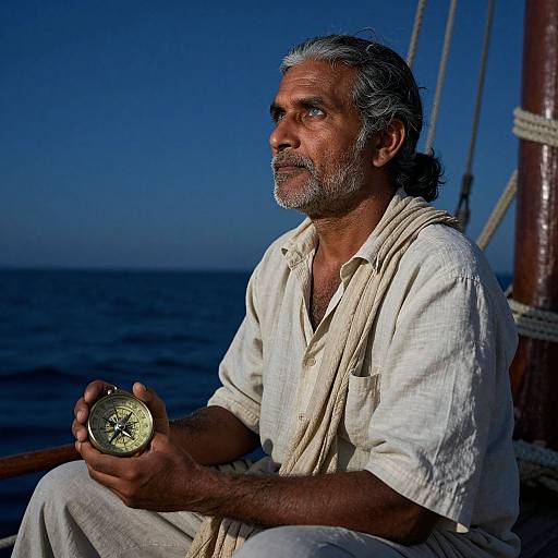 Photograph of a middle-aged Indian man with gray hair and beard, wearing a white shirt, holding a compass on a ship at sea, against a