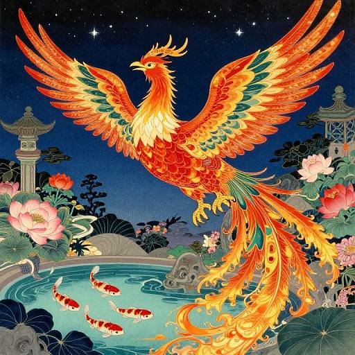 Vibrant digital illustration of a fiery phoenix with glowing red, orange, and yellow feathers, soaring over a serene pond with koi fish, surrounded