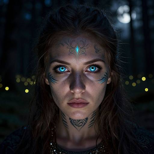 Photograph of a woman with glowing blue eyes, intricate dark tattoos on her forehead and neck, in a dark forest at night, with blurred yellow lights