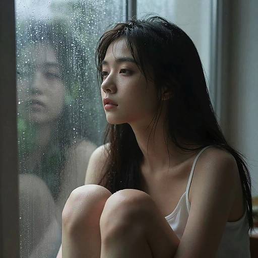 Realistic Digital Art Girl by Rainy Window