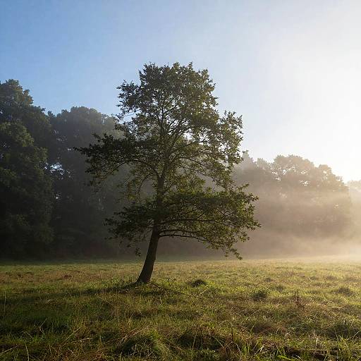 Photograph of a solitary, slightly leaning tree in a misty meadow at sunrise, with sunlight filtering through dense trees in the background.