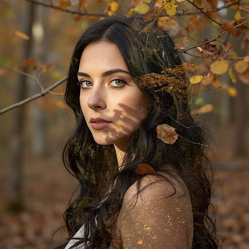 Photograph of a beautiful woman with long black hair, green eyes, and fair skin, standing in a forest with autumn leaves. Sunlight filters through
