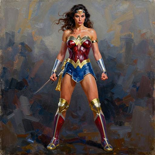Photorealistic digital painting of Wonder Woman: muscular, tan-skinned, long dark hair, red bustier, blue shorts, gold accents, silver