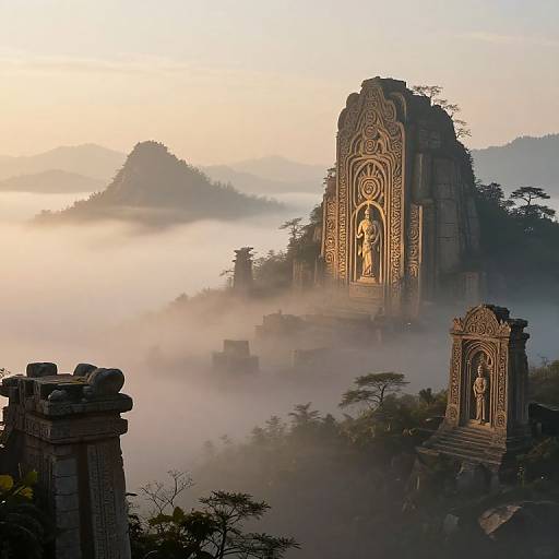 Photograph of ancient, ornately carved stone towers rising from misty mountains at sunrise, with soft golden light highlighting intricate details.