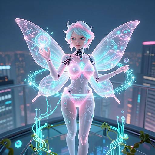 Digital art of a glowing, futuristic fairy with neon wings, cybernetic features, and a city skyline background at night.