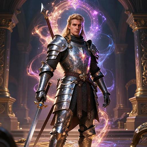 Digital artwork of a muscular blonde warrior in shiny silver armor, holding a sword, surrounded by magical purple and pink energy in a grand, ornate hall