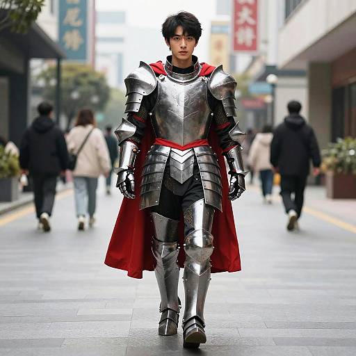 Male Cosplayer in Armor Walking on Urban Street