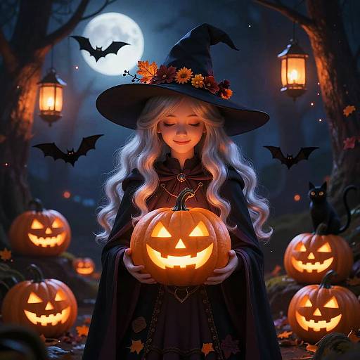 Whimsical Halloween Witch in Moonlit Forest