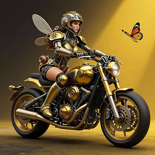Digital illustration of a golden armored fairy with translucent wings riding a gold motorcycle, a butterfly hovering nearby, under yellow spotlight.